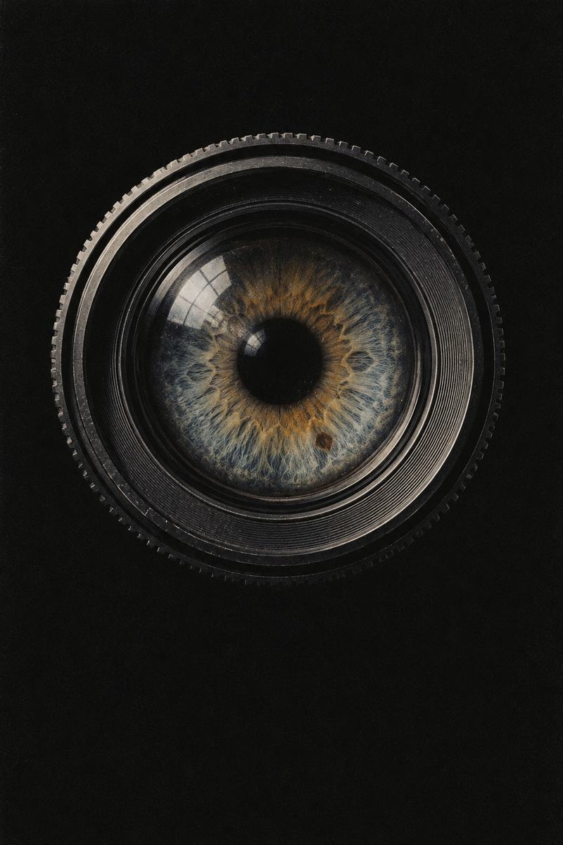 Een cameralens van voren, met in plaats van glas een menselijk oog.