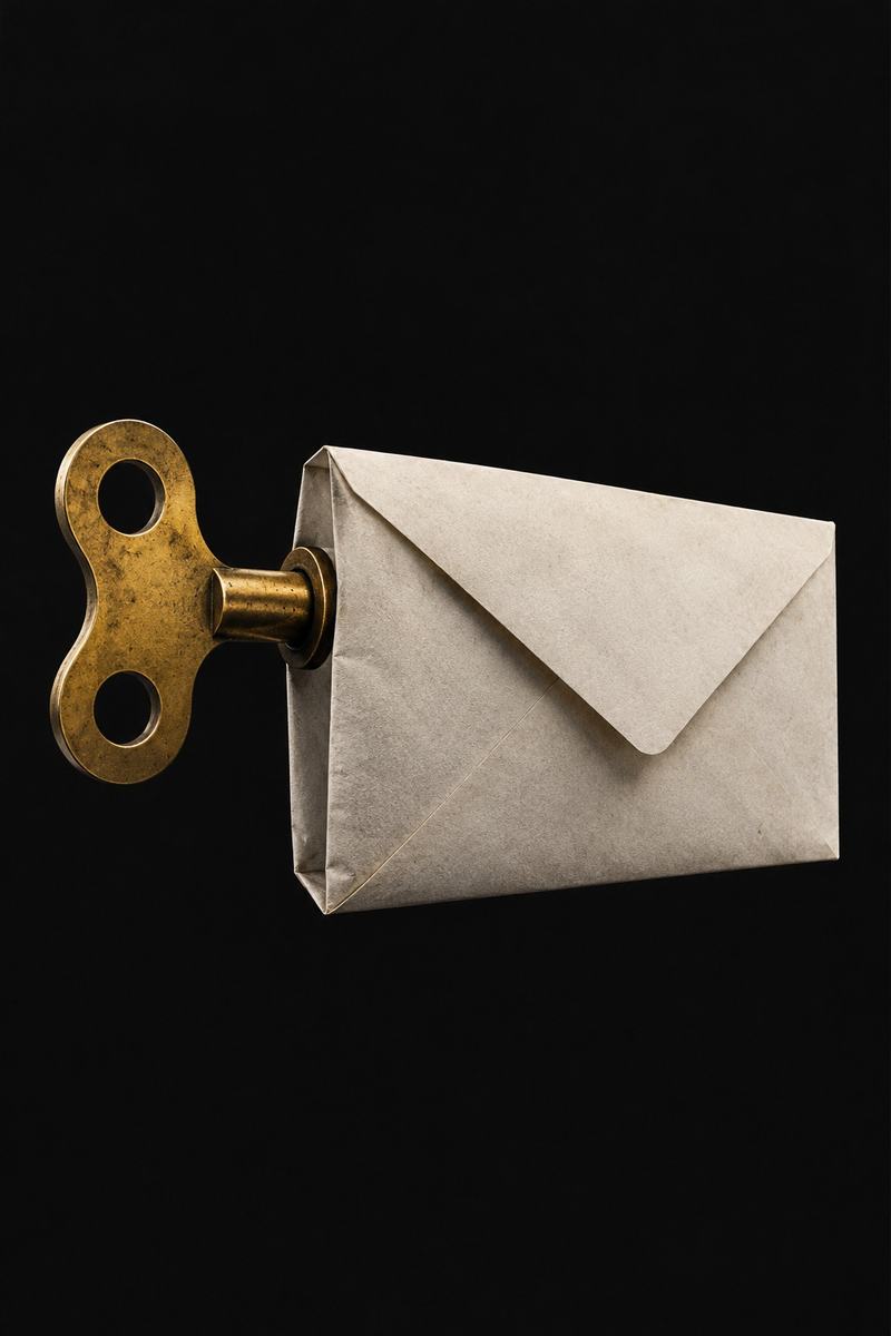 Een papieren envelop met een grote koperen opwindsleutel aan de zijkant, als speelgoed dat vanzelf loopt.